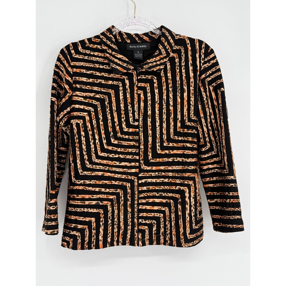 Becky & Bobby Womens Geometric Leopard Print Zip Front‎ Jacket Black Sz L